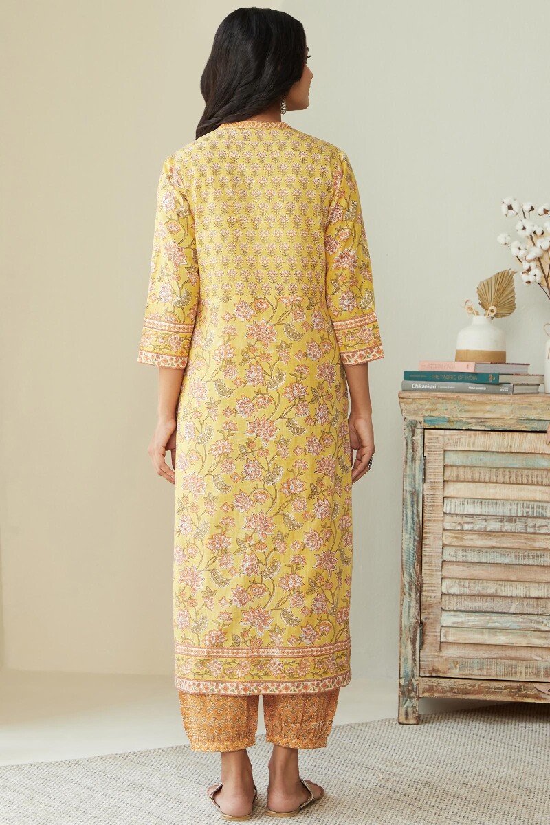 Yellow Hand Block Printed Straight Cotton Kurta