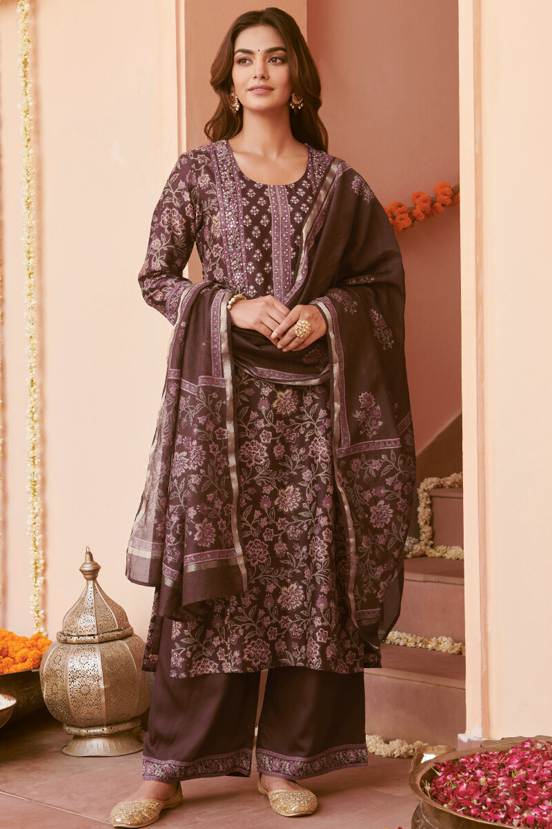 Brown Hand Block-Printed Straight Chanderi Kurta