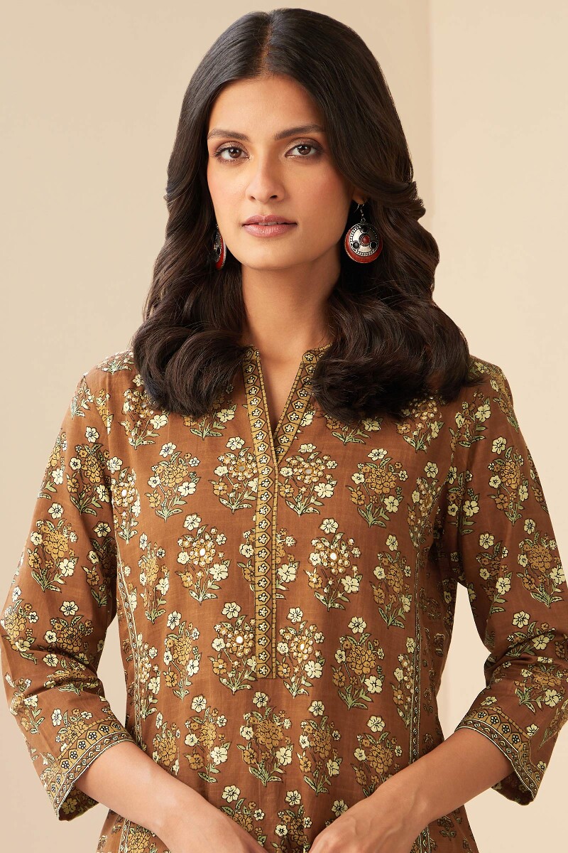 Brown Hand Printed A-Line Cotton Slub Kurta