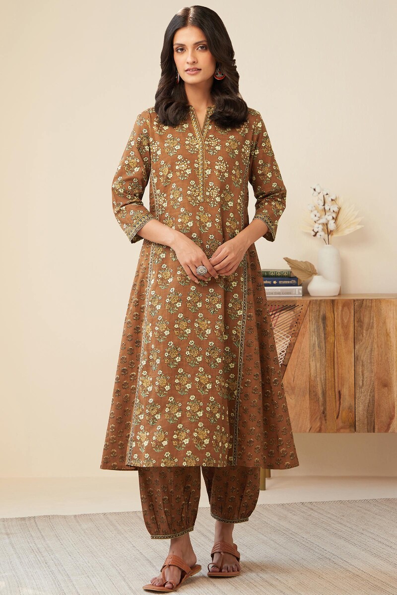 Brown Hand Printed A-Line Cotton Slub Kurta