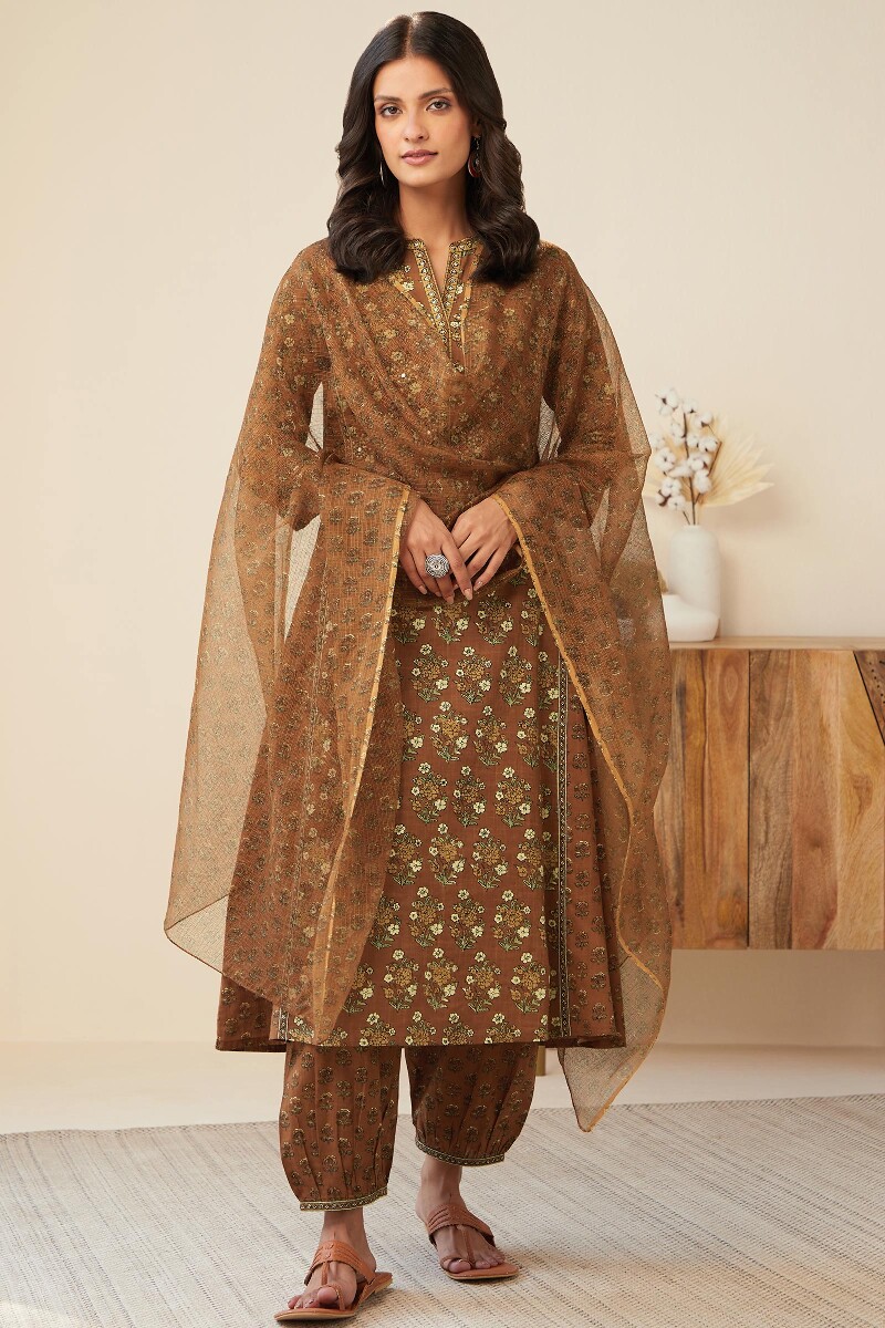 Brown Hand Printed A-Line Cotton Slub Kurta