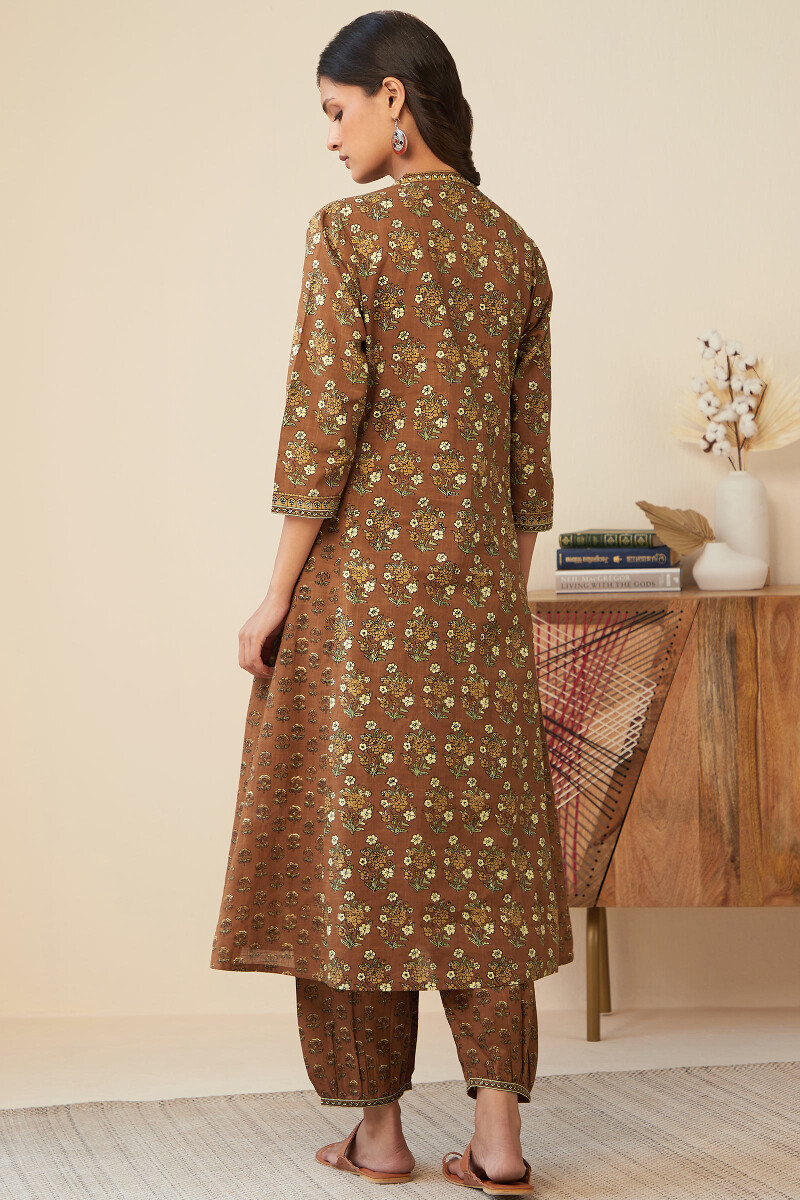 Brown Hand Printed A-Line Cotton Slub Kurta