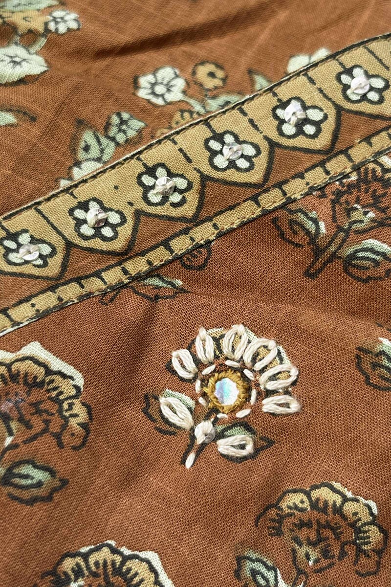 Brown Hand Printed Straight Cotton Slub Kurta