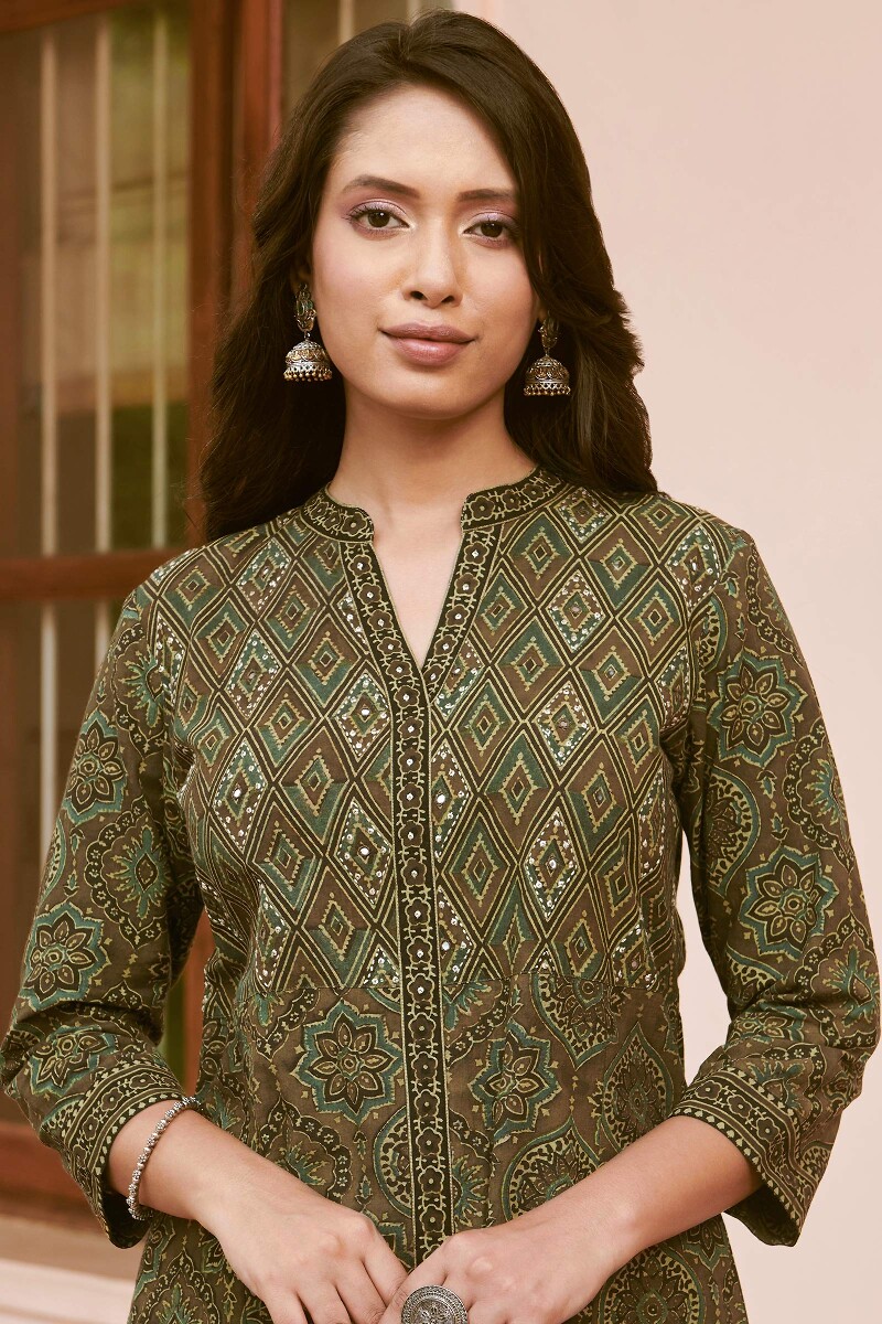 Ajrak Hand Block-Printed A-Line Cotton Kurta