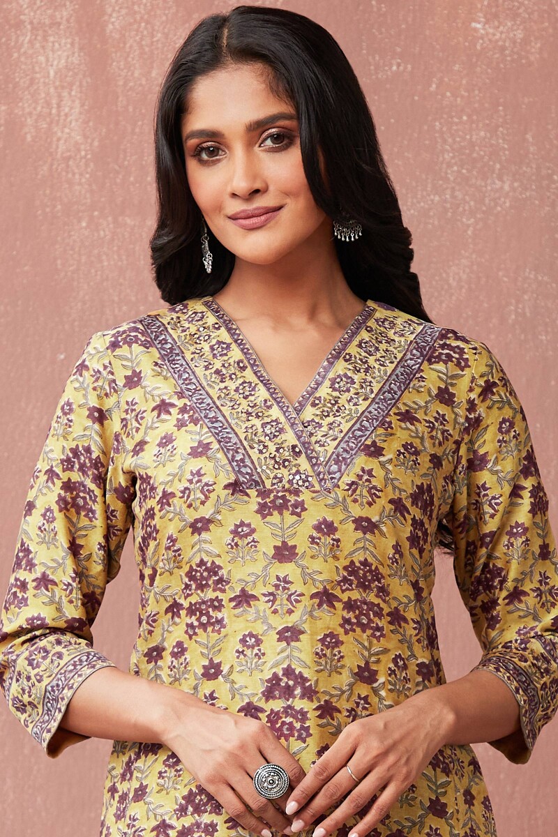 Yellow Hand Block-Printed Straight Chanderi Kurta