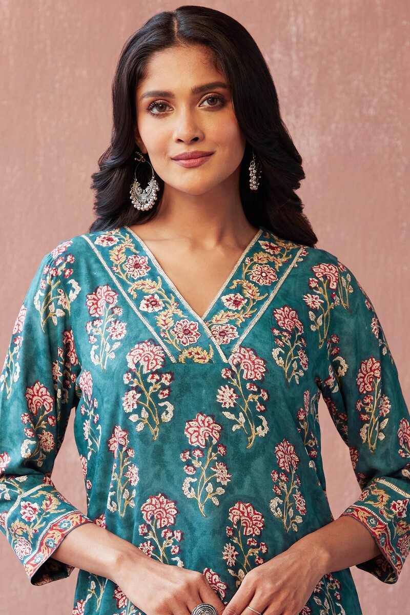 Teal Hand Block-Printed Straight Viscose Kurta