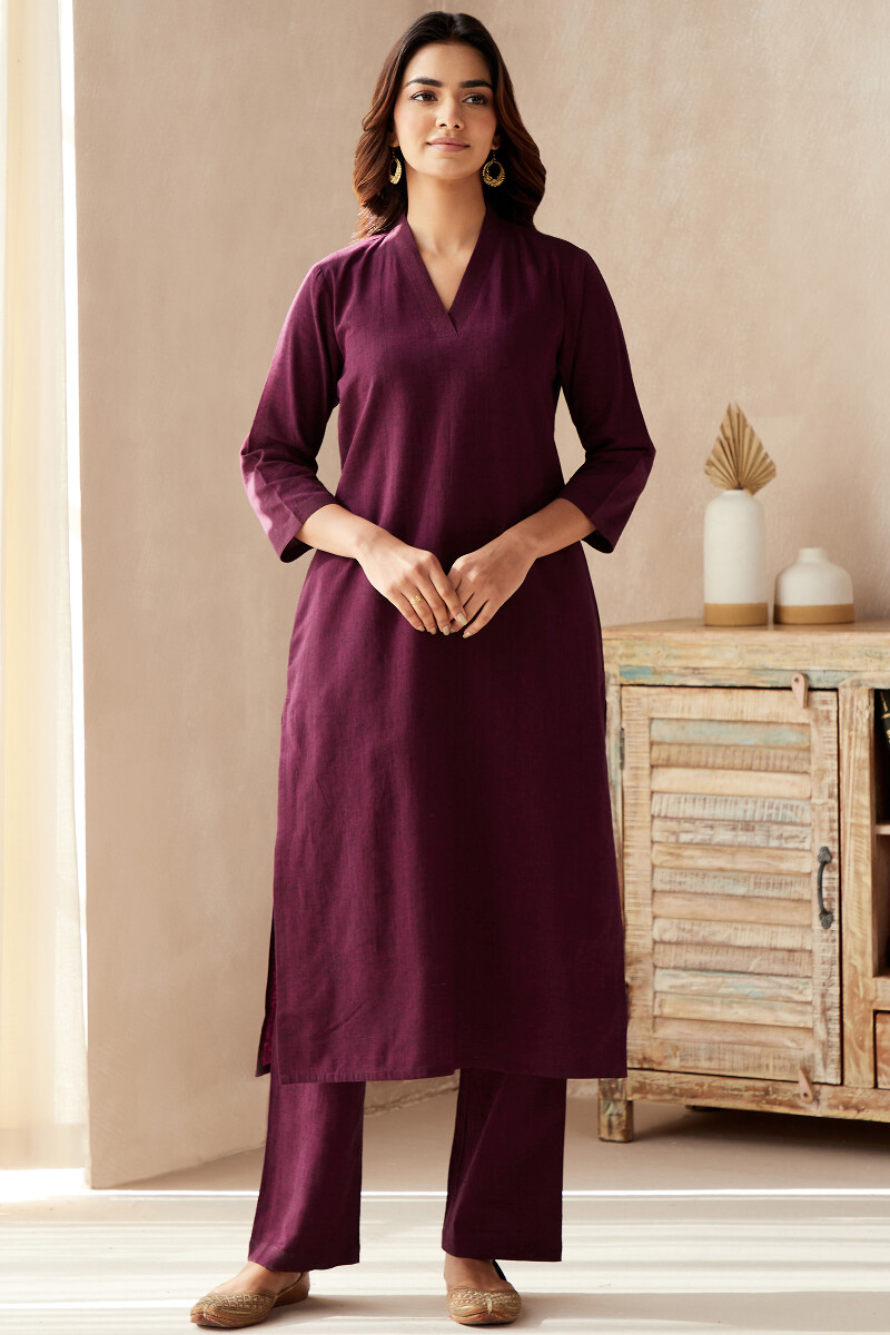 Purple Handcrafted Straight Cotton Flax Kurta