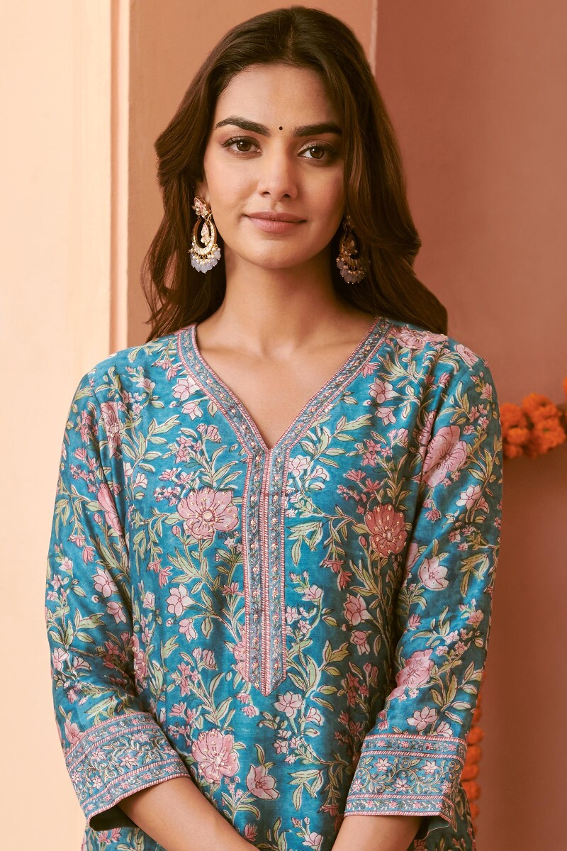 Blue Hand Block-Printed Straight Chanderi Kurta