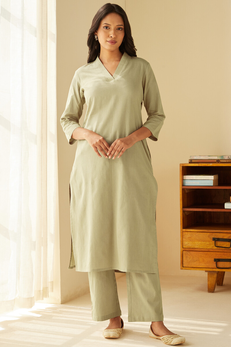 Beige Handcrafted Straight Cotton Flax Kurta