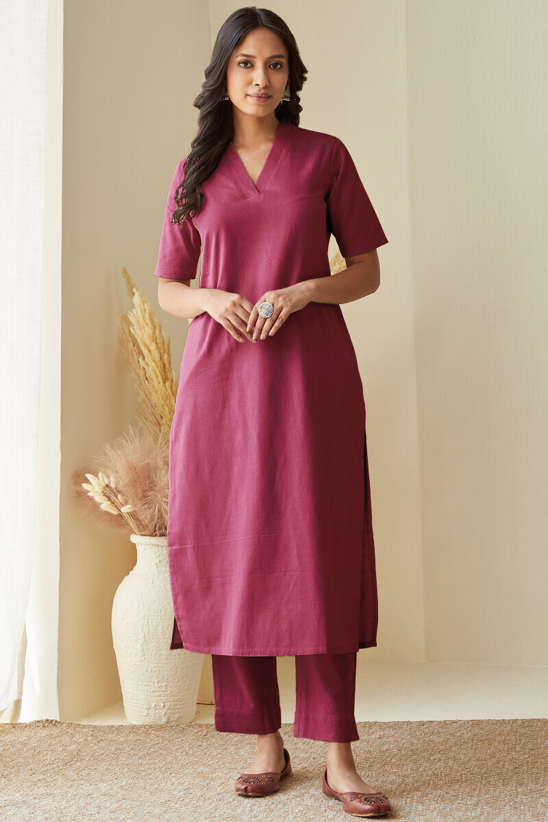 Carmine Pink Handcrafted Straight Cotton Flax Kurta