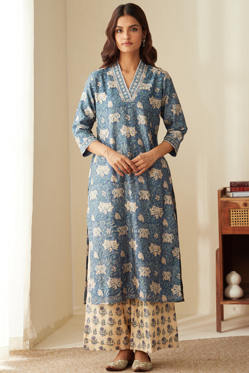 Blue Hand Block-Printed Straight Chanderi Kurta