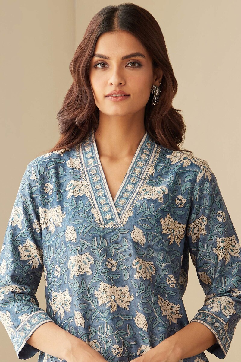 Blue Hand Block-Printed Straight Chanderi Kurta