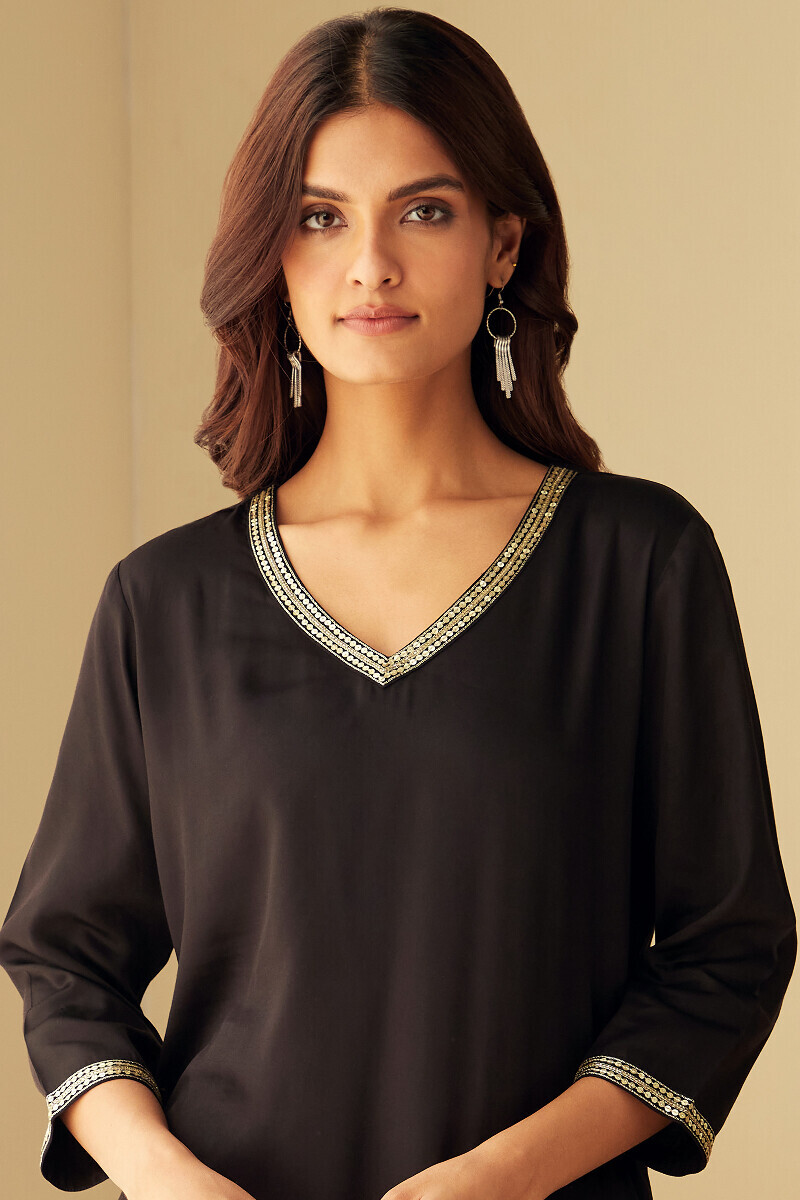 Black Handcrafted Straight Modal Satin Kurta