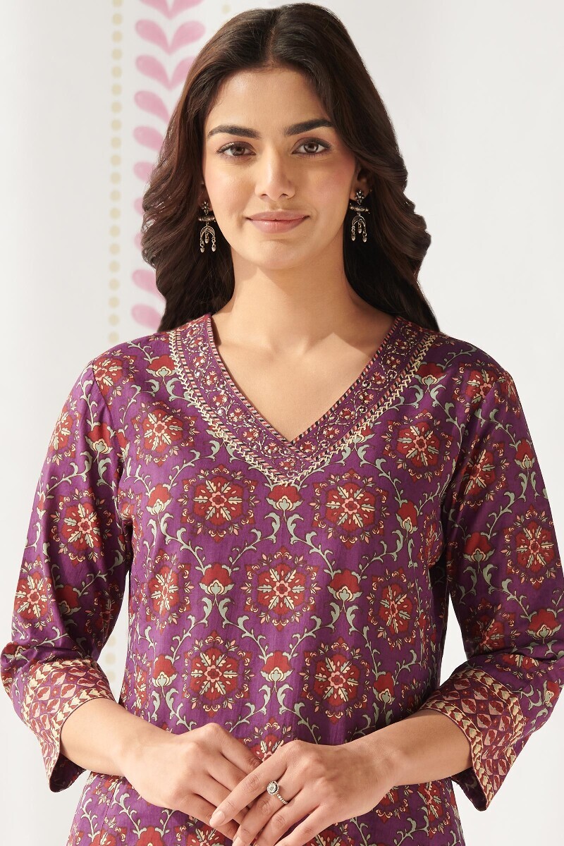 Purple Hand Printed Straight Cotton Kurta