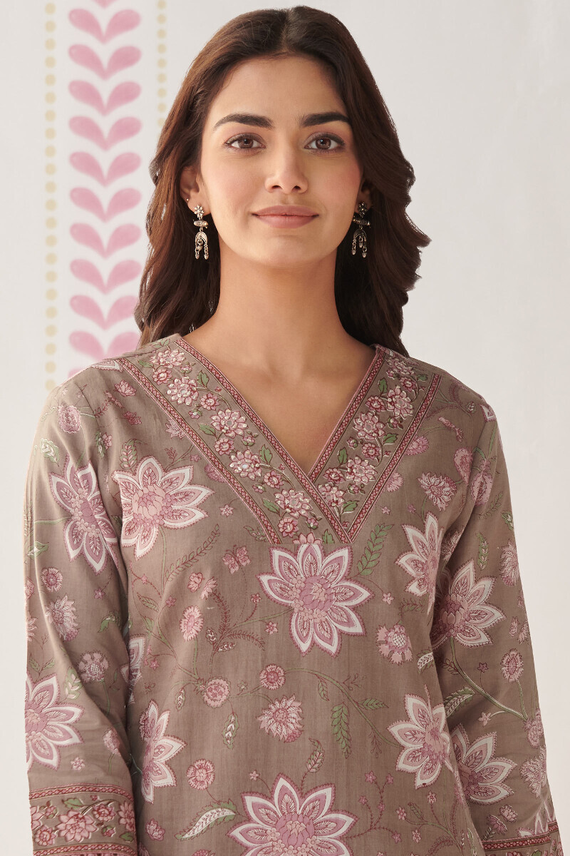 Grey Hand Printed Straight Cotton Kurta