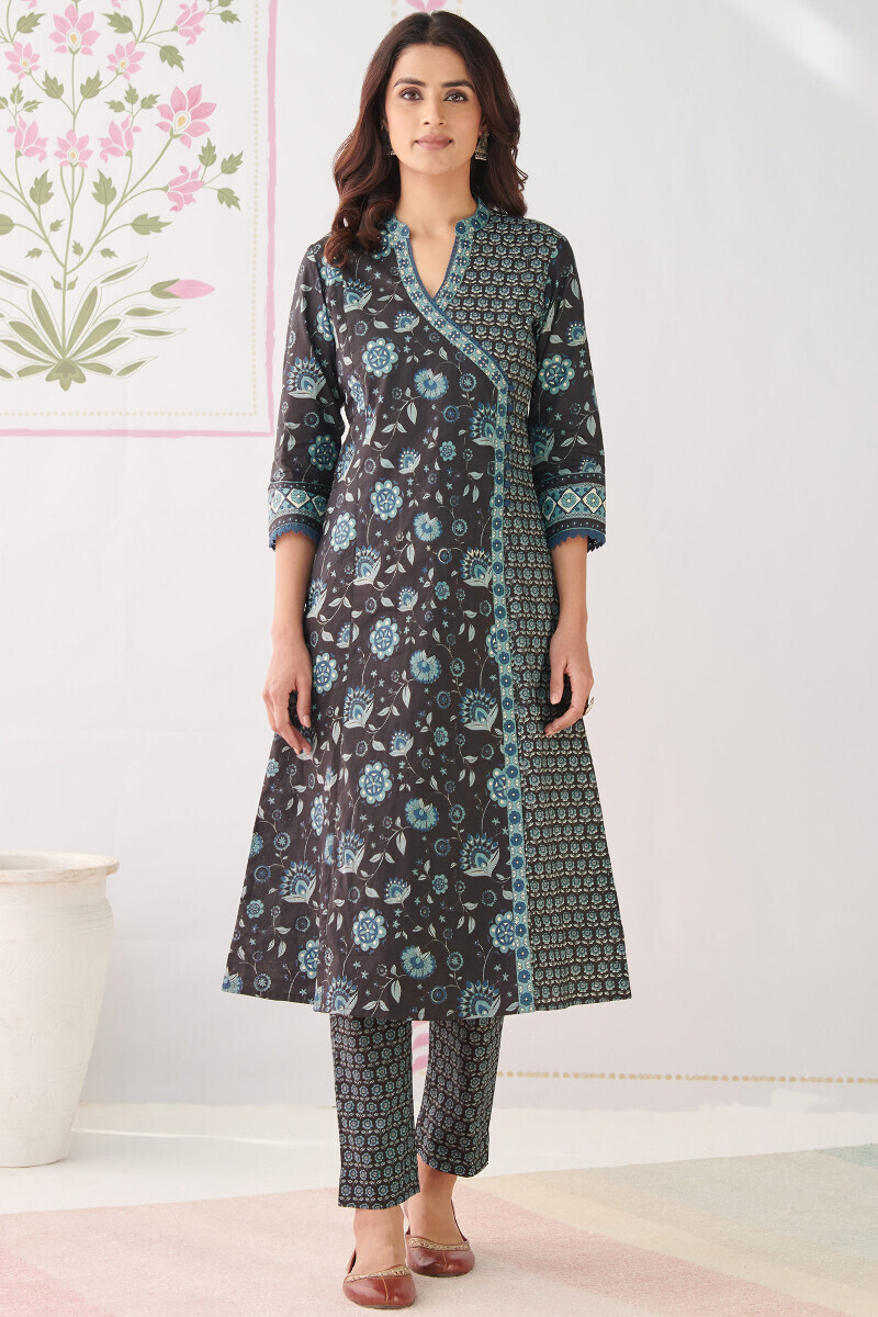 Black Hand Printed Angrakha Cotton Kurta