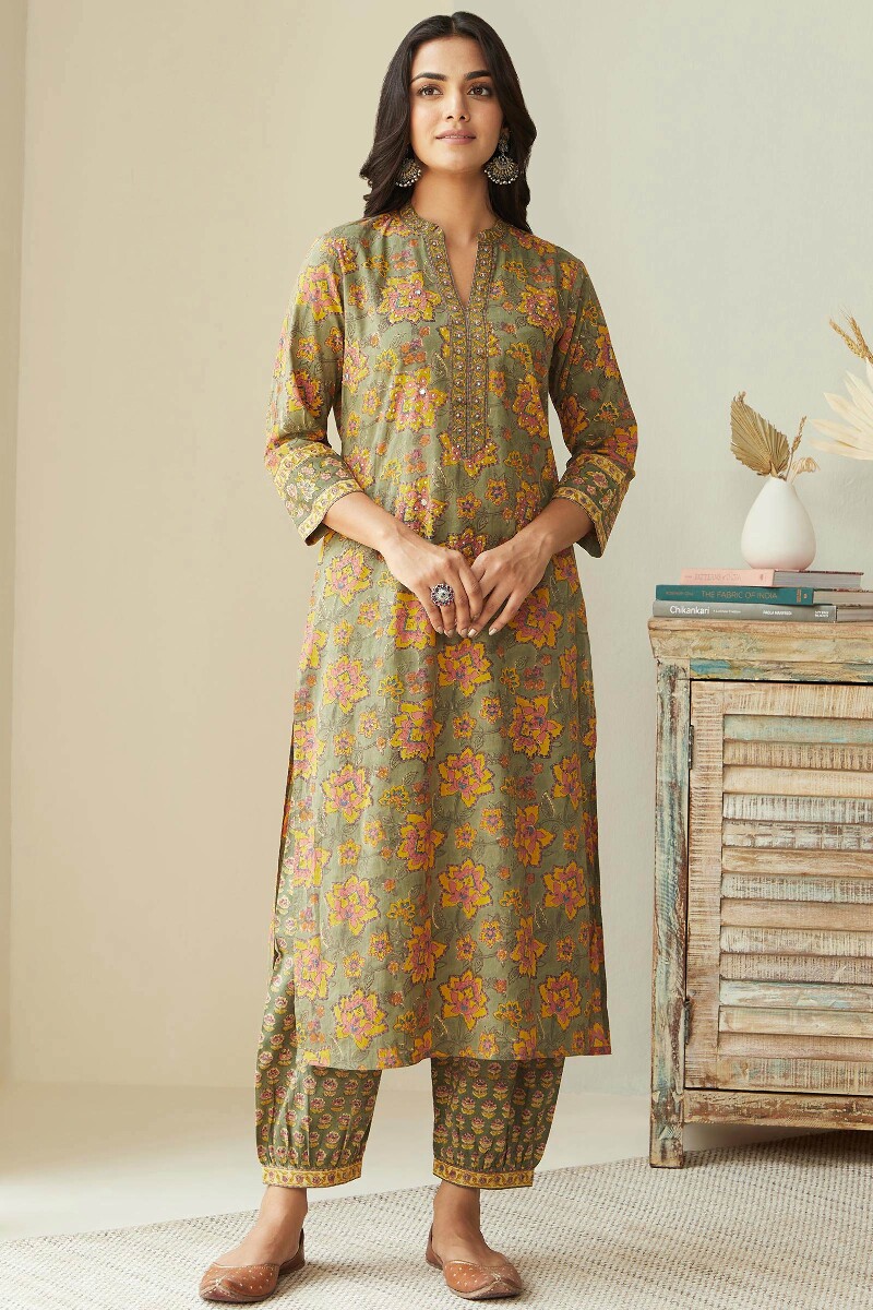 Olive Green Hand Block-Printed Straight Cotton Kurta