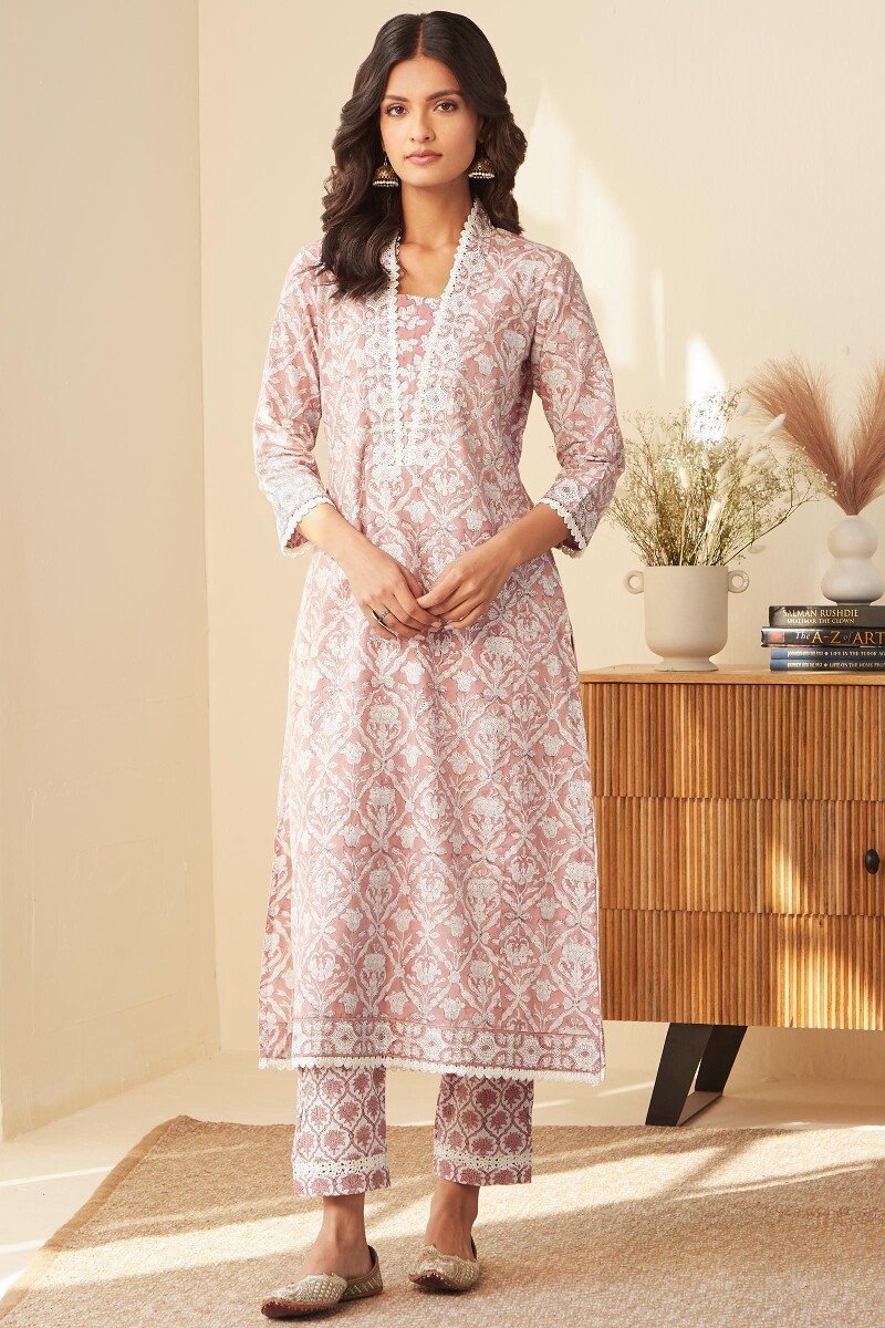 Pink Hand Block-Printed Straight Cotton Kurta