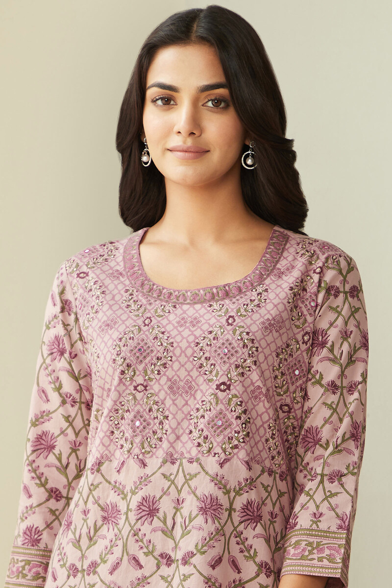 Pink Hand Block-Printed Straight Cotton Kurta