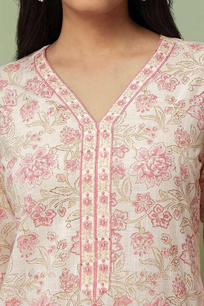 Off-White Hand Block-Printed Straight Cotton Slub Kurta