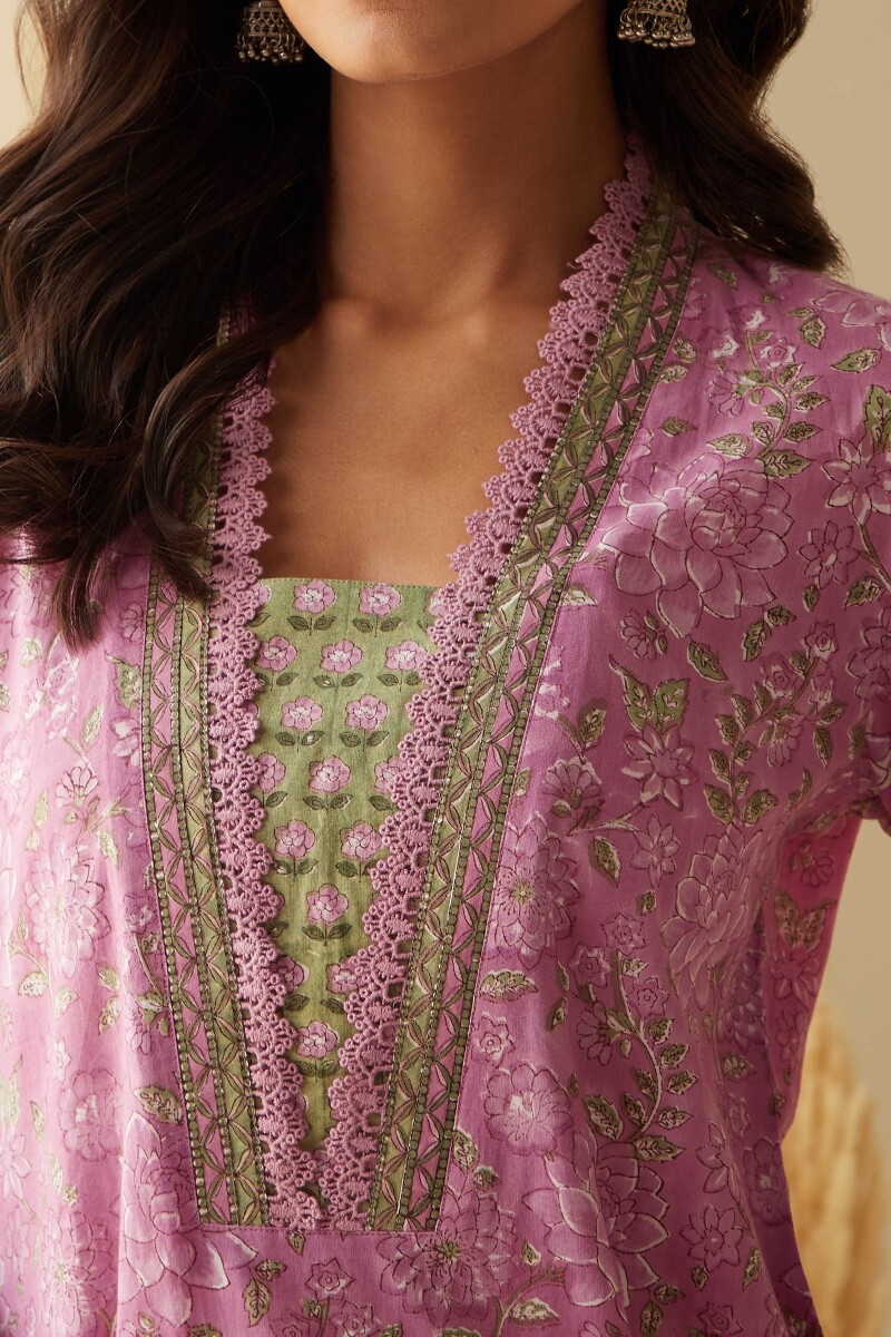 Pink Hand Block-Printed Straight Cotton Kurta