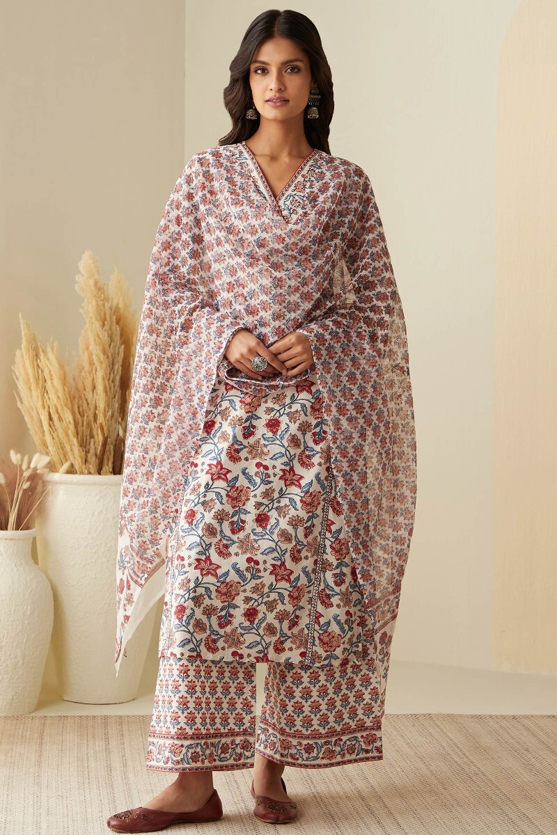 Cream Hand Printed Straight Cotton Kurta