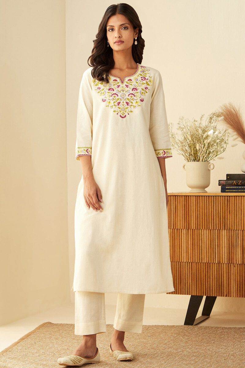 Cream Handcrafted Straight Cotton Linen Kurta