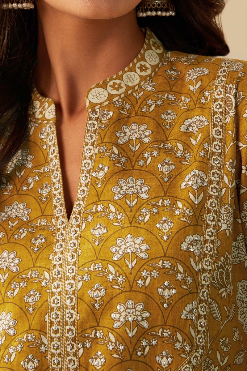 Mustard Hand Printed Straight Cotton Slub Kurta