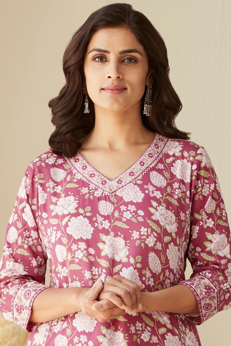 Pink Hand Printed Straight Viscose Kurta