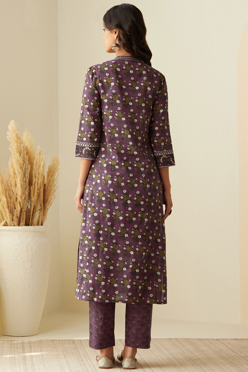 Purple Hand Printed Straight Cotton Dobby Kurta