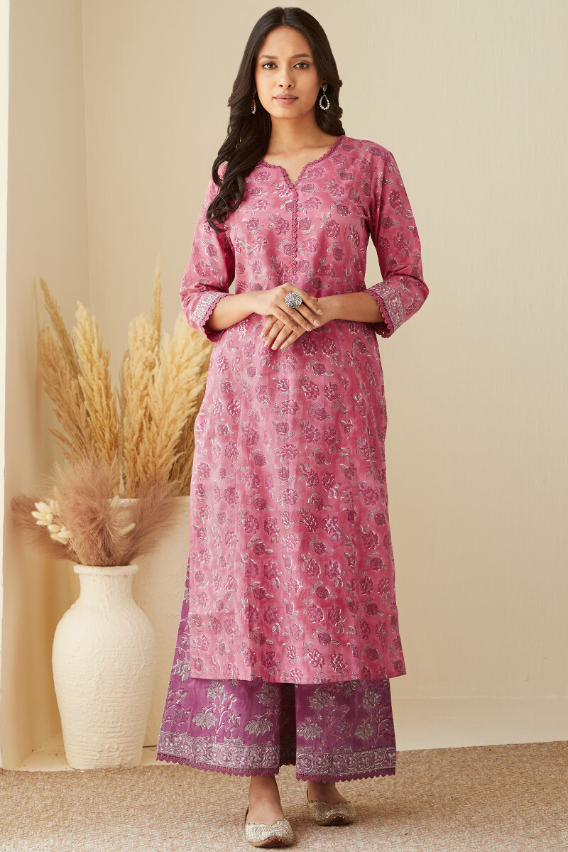 Pink Hand Block-Printed Straight Cotton Kurta