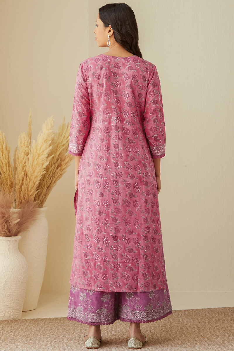 Pink Hand Block-Printed Straight Cotton Kurta