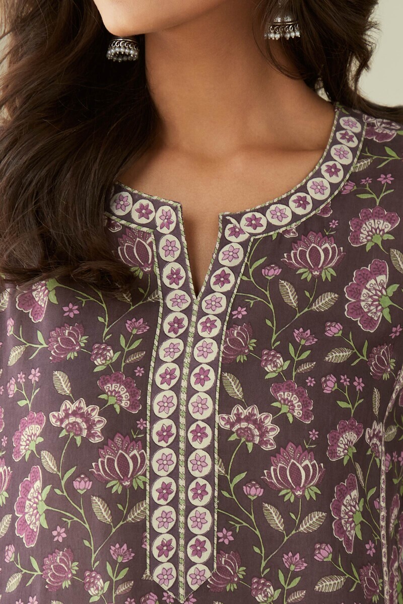 Purple Hand Printed Straight Cotton Kurta