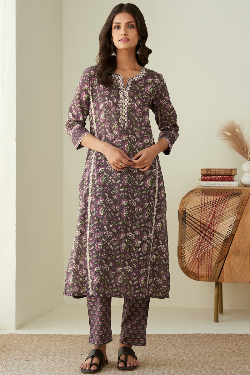 Purple Hand Printed Straight Cotton Kurta