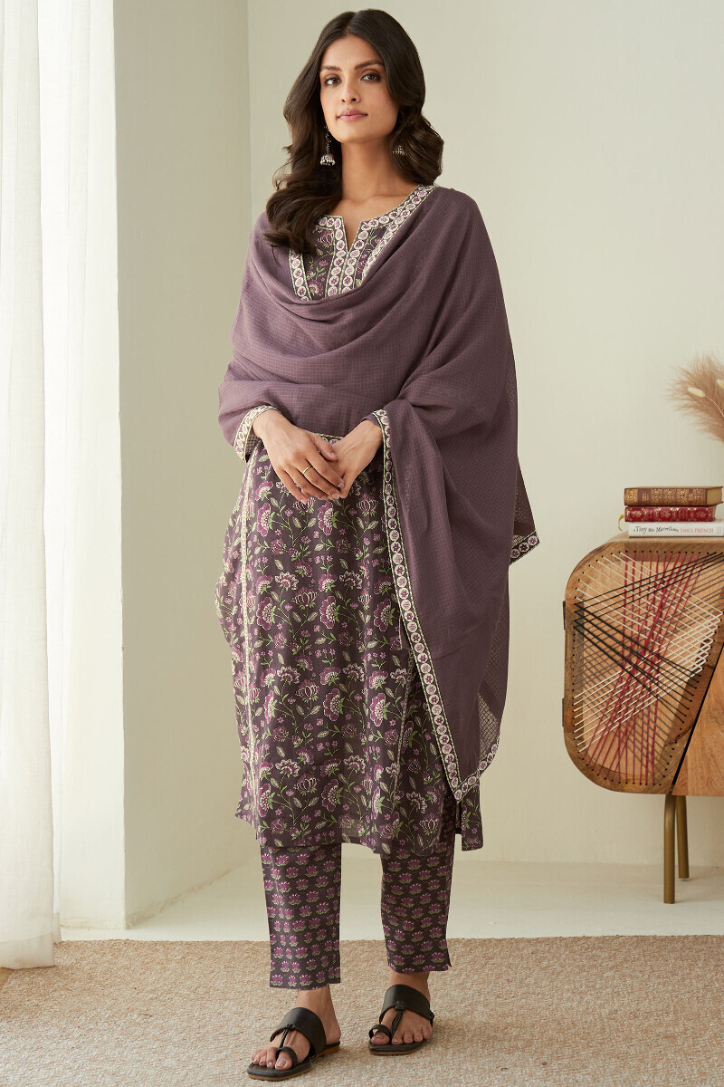 Purple Hand Printed Straight Cotton Kurta