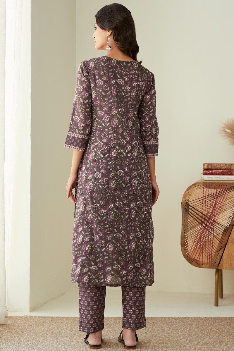 Purple Hand Printed Straight Cotton Kurta