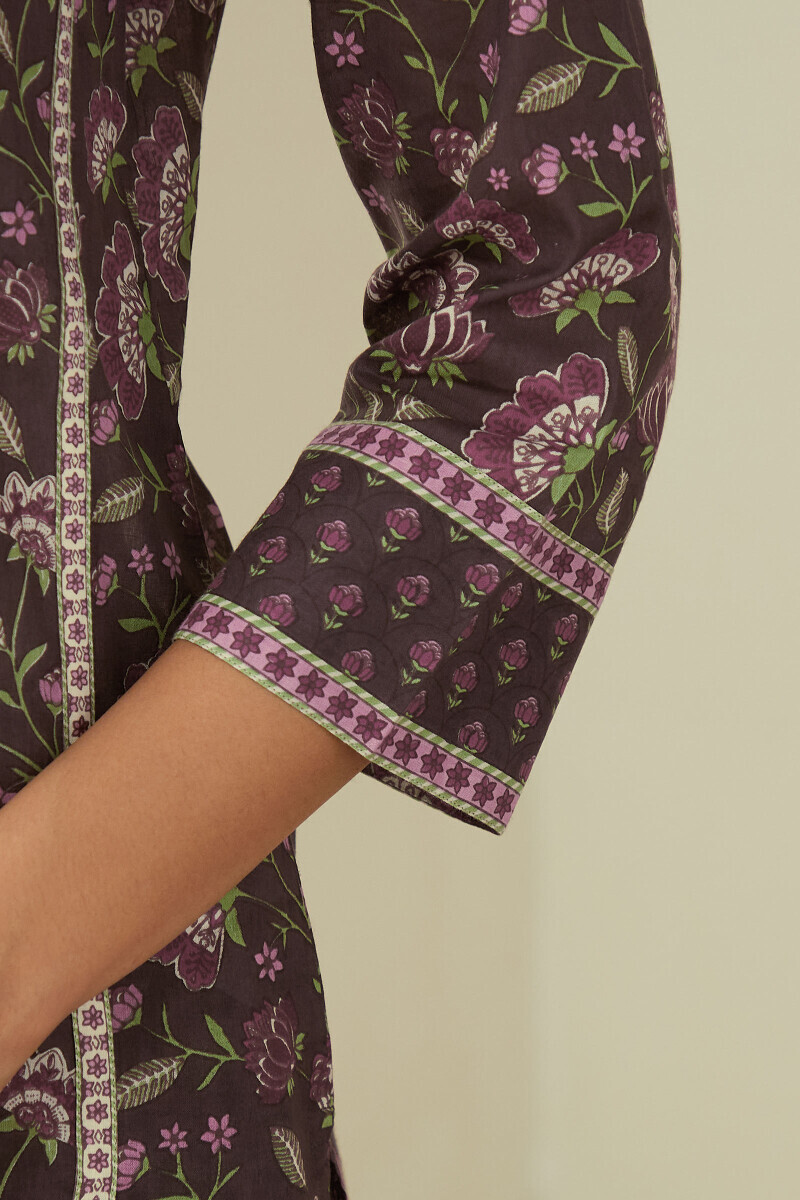 Purple Hand Printed Straight Cotton Kurta