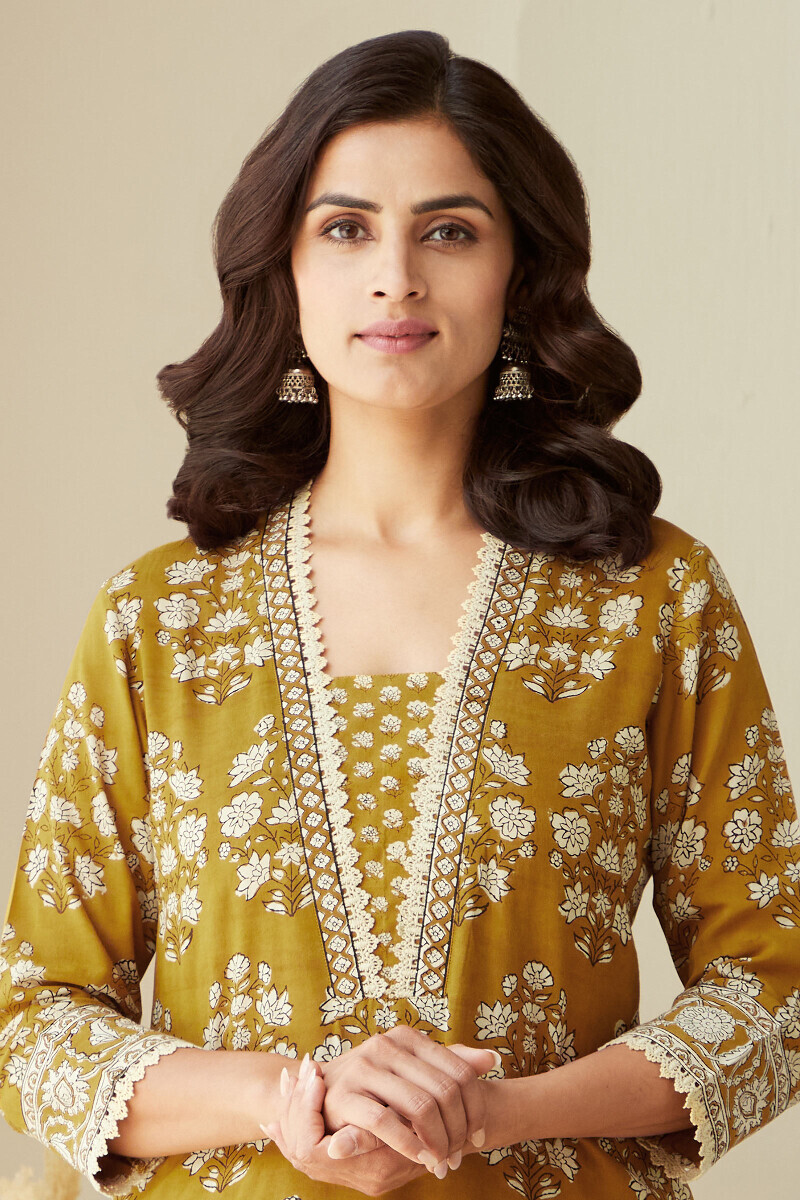 Mustard Hand Block-Printed Straight Viscose Kurta