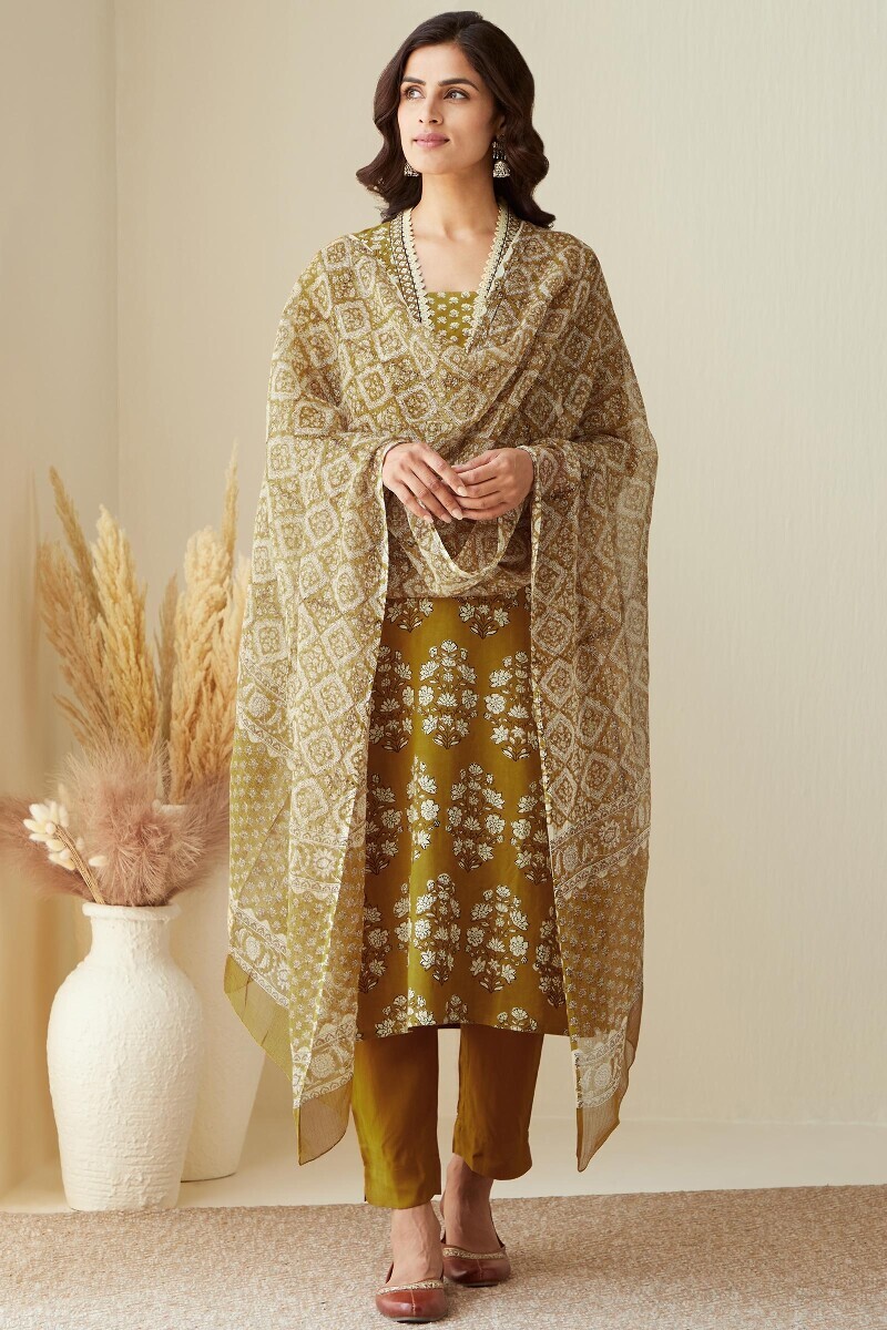 Mustard Hand Block-Printed Straight Viscose Kurta