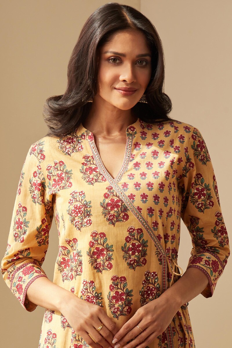 Yellow Hand Printed Angrakha Cotton Kurta