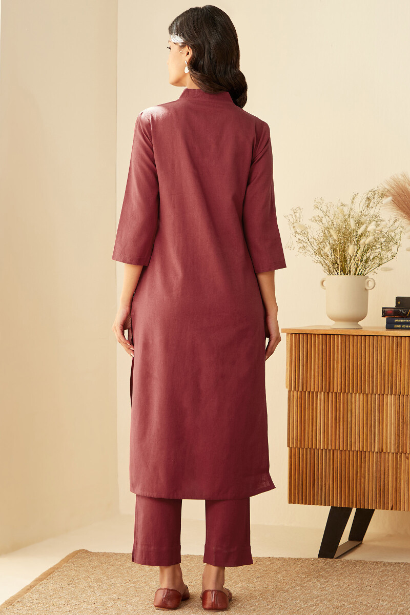 Red Handcrafted Straight Cotton Flax Kurta