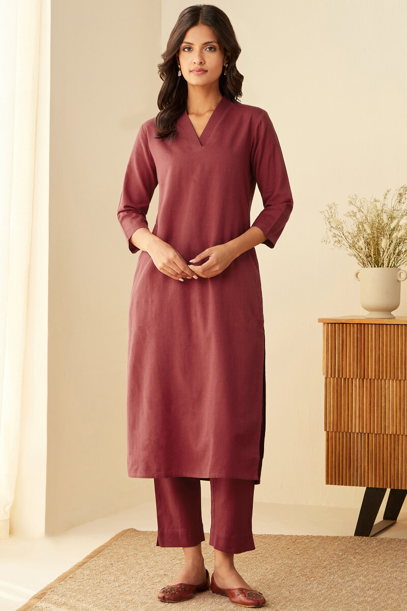 Red Handcrafted Straight Cotton Flax Kurta