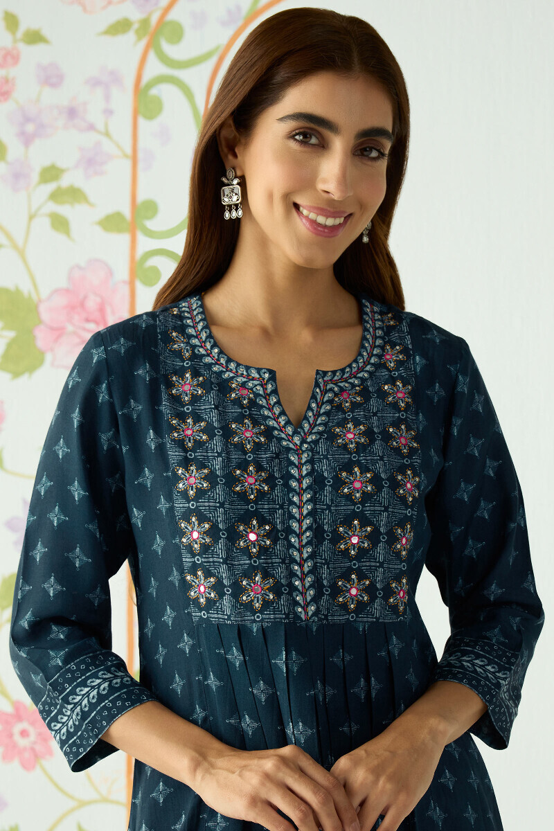 Blue Printed A-Line Viscose Kurta