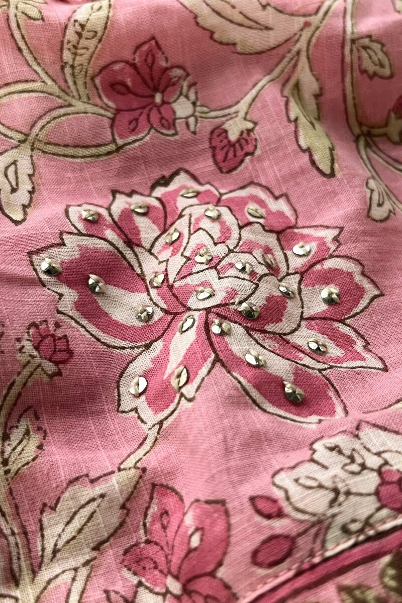 Pink Hand Block-Printed Straight Cotton Slub Kurta