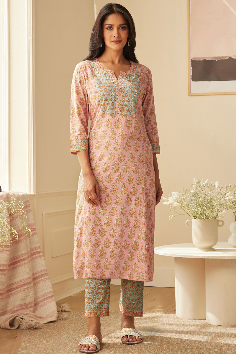 Pink Hand Printed Straight Viscose Kurta