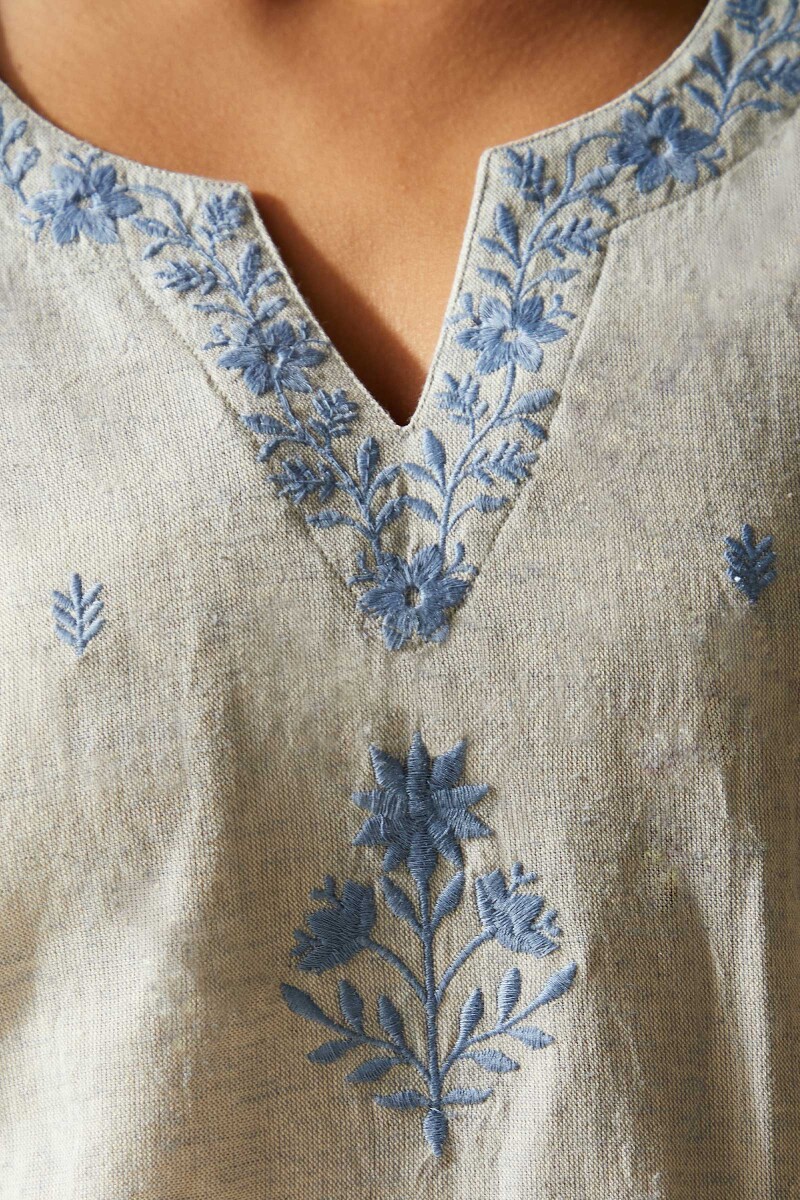 Blue Handcrafted Straight Cotton Flax Kurta