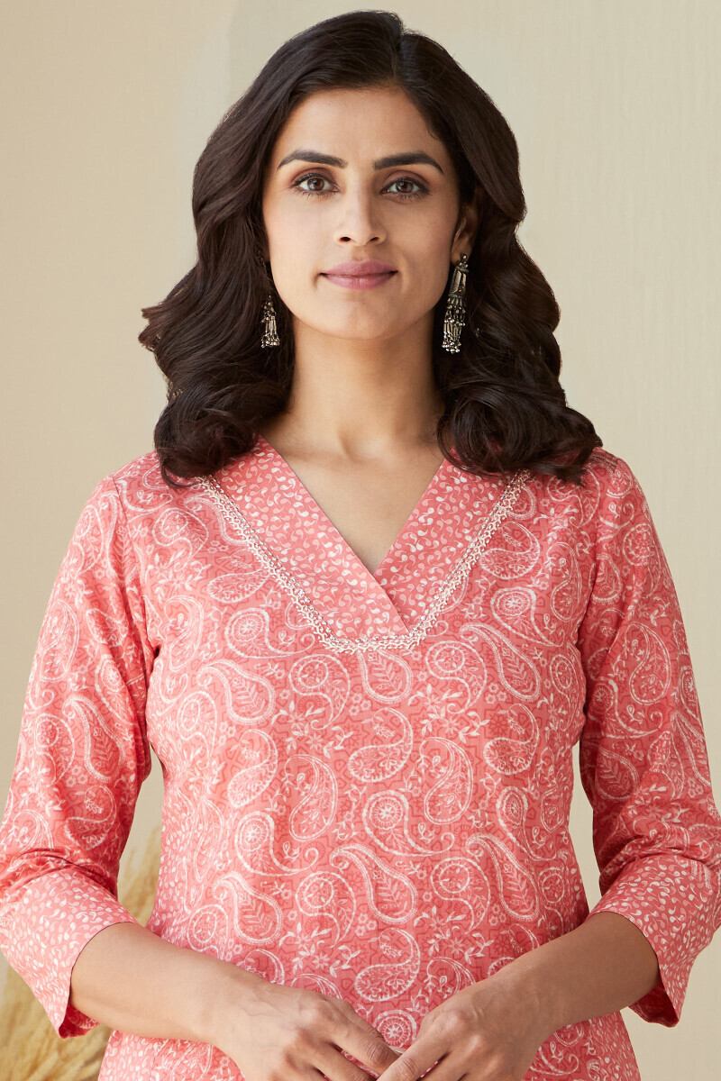 Pink Hand Printed Straight Cotton Kurta