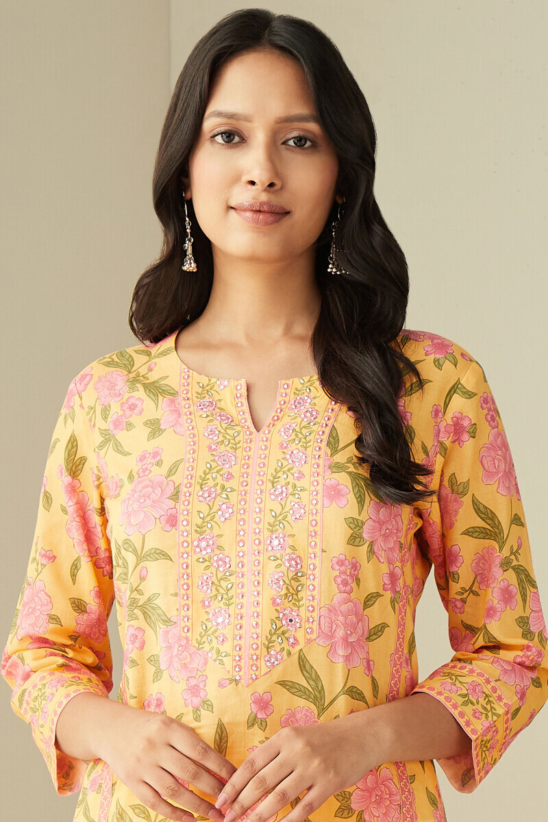 Yellow Printed Straight Cotton Kurta