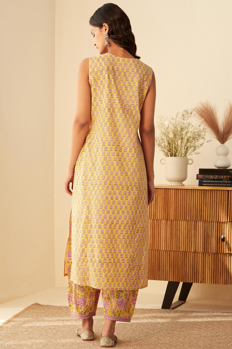 Yellow Hand Block-Printed Straight Cotton Kurta