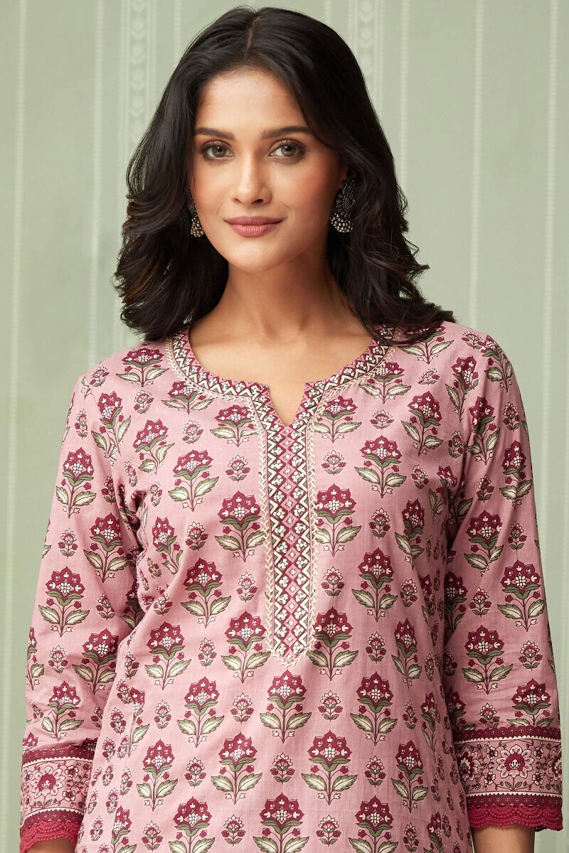 Pink Hand Printed Straight Cotton Kurta